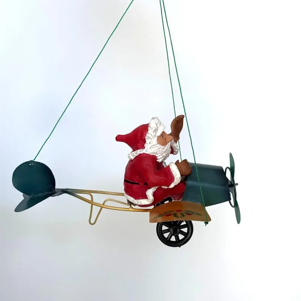 Rare Vintage Santa in Plane Metal Mobile Christmas Ornament